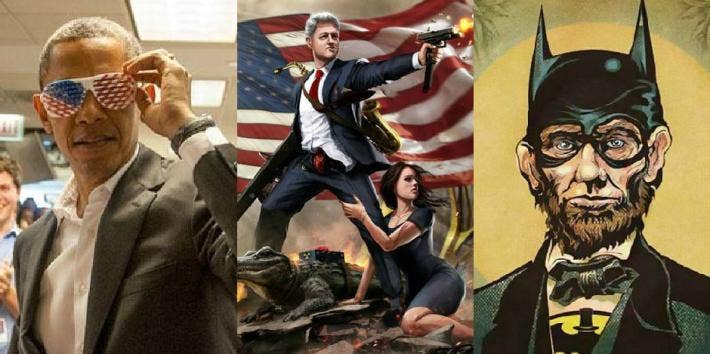 Barack Obama in American flag glasses, Bill Clinton cartoon holding a gun with a young brunette woman, Abraham Lincoln dressed as Batman