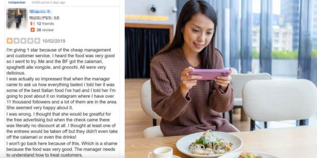 influencer leaves bad review after being refused free food