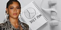 Beyoncé, diet plan with almond nut, dumbbells, and apple on table
