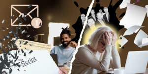 woman and man desperate, defeated with papers flying around them