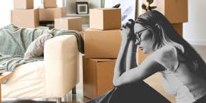 sad woman packing up apartment