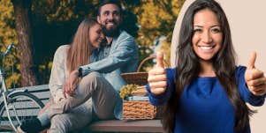 Couple on date and woman with thumbs up 
