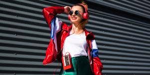 80s girl style listening to music headphones cassette player