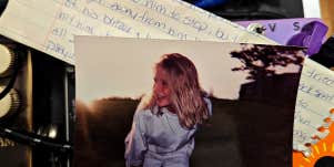 old photo of Joanna Schroeder c. 1994 lying over a note written by a teen girl about her assault