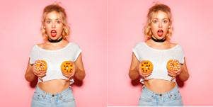 woman holding donuts in front of breasts