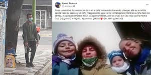 A photograph of Mauro and his daughter on the street, then a photo of his family all smiling for a photo together. A Facebook post explaining his situation is visible in the top right of the image.