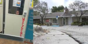 Left: 2-year-old girl peers out of dark daycare window, distraught. Right: outside view of Plantation KinderCare daycare