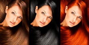 side by side images of one woman with brown, black and red hair