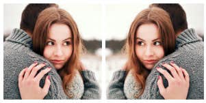 doubled image of a couple, woman looking over man's shoulder in a devious way