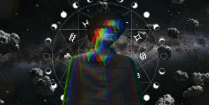 person in space with zodiac wheel