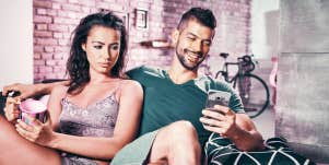 unhappy woman on couch
