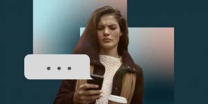 woman looking at phone, text bubble