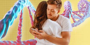Man texting behind woman's back, DNA strand