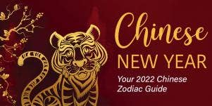 gold lettering on red background: Chinese new year 2022 Chinese zodiac guide