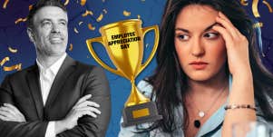 unhappy employee and boss in black and white, trophy between them