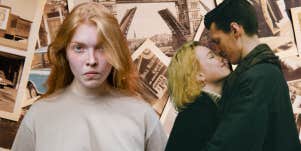 Woman angry, couple kissing, photo background