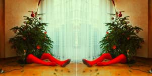 person sitting behind a Christmas tree