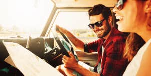 couple driving in car on a date