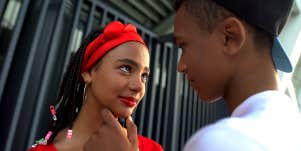 shy girl flirting with guy