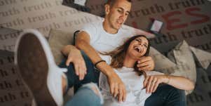 happy couple surrounded by truth and a big LIE