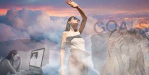 Woman with dreams and head in the clouds as the weight of burnout creeps 