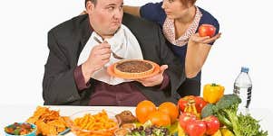 Fat man chooses unhealthy food