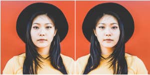 doubled image of a serious woman with black hair and black hat, red background