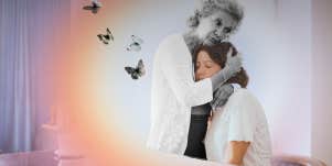 woman forgiving mother who passed away, letting go of any ill will feelings about her childhood