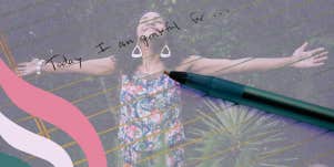 a collage of a happy woman and a gratitude list