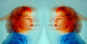 double image of woman with orange hair