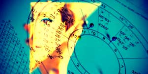 collage image of a blue astrological chart overlaid with a yellow sliver image of a woman's face