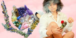 woman cleansing and charging crystals