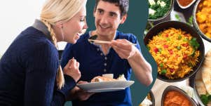 Man sharing food with woman