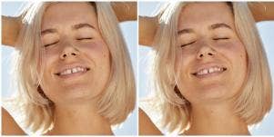 blond woman smiling hands on head