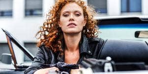 woman in leather jacket