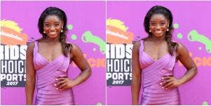 mirrored image of Simone Biles at a red carpet