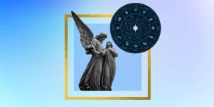 angel statue, zodiac wheel