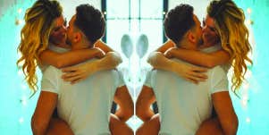 doubled image of a happy couple hugging and smiling