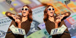 woman in sunglasses throwing out money