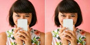 doubled-up image of woman with black bob in floral dress peeking slyly over her cell phone