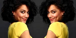 doubled image of woman looking coyly over her shoulder