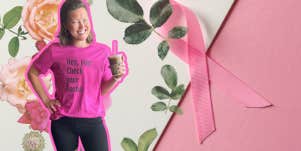Author with her breast cancer awareness shirts