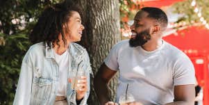 man and woman talking