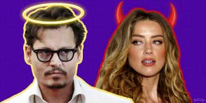 Johnny Depp with halo, Amber Heard with devil horns