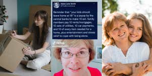 woman packing boxes, mom and daughter hugging, tiktok of woman and tweet