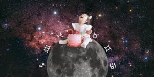 baby with cake sitting on the moon, zodiac sign symbols