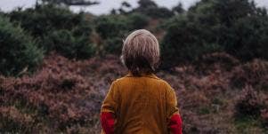 little boy in woods with his back to the camera