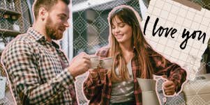 Woman making man coffee in their kitchen