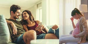 Man with his girlfriend, sad pregnant woman