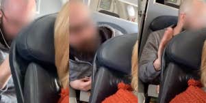 A man is shown shaking a woman's seat on an airplane.
